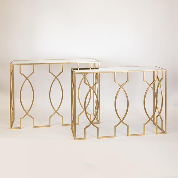 S/2 ΚΟΝΣΟΛΑ ΜΕΤΑΛΛΙΚΗ ΧΡΥΣΗ ΜΕ ΓΥΑΛΙΝΗ ΕΠΙΦΑΝΕΙΑ 106.5x35.5x79cm / 
101.5x30.5x73.5cm